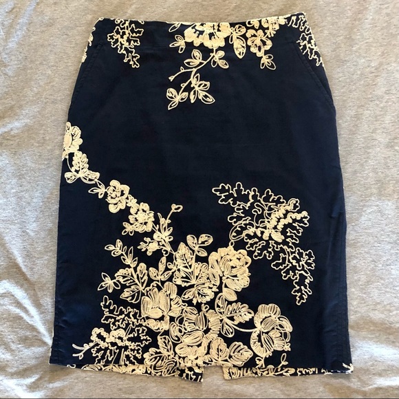 J. Crew Dresses & Skirts - J. Crew navy cotton embroidered pencil skirt, 0